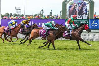 Loire (NZ) and Michael McNab celebrate a brilliant victory in the G1 gavelhouse.com 1000 Guineas. Photo: Race Images South.
